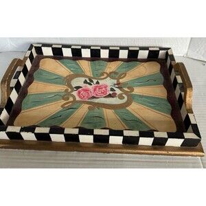MacKenzie-Childs Style Decorative Serving Tray checkered Border Floral Handmade